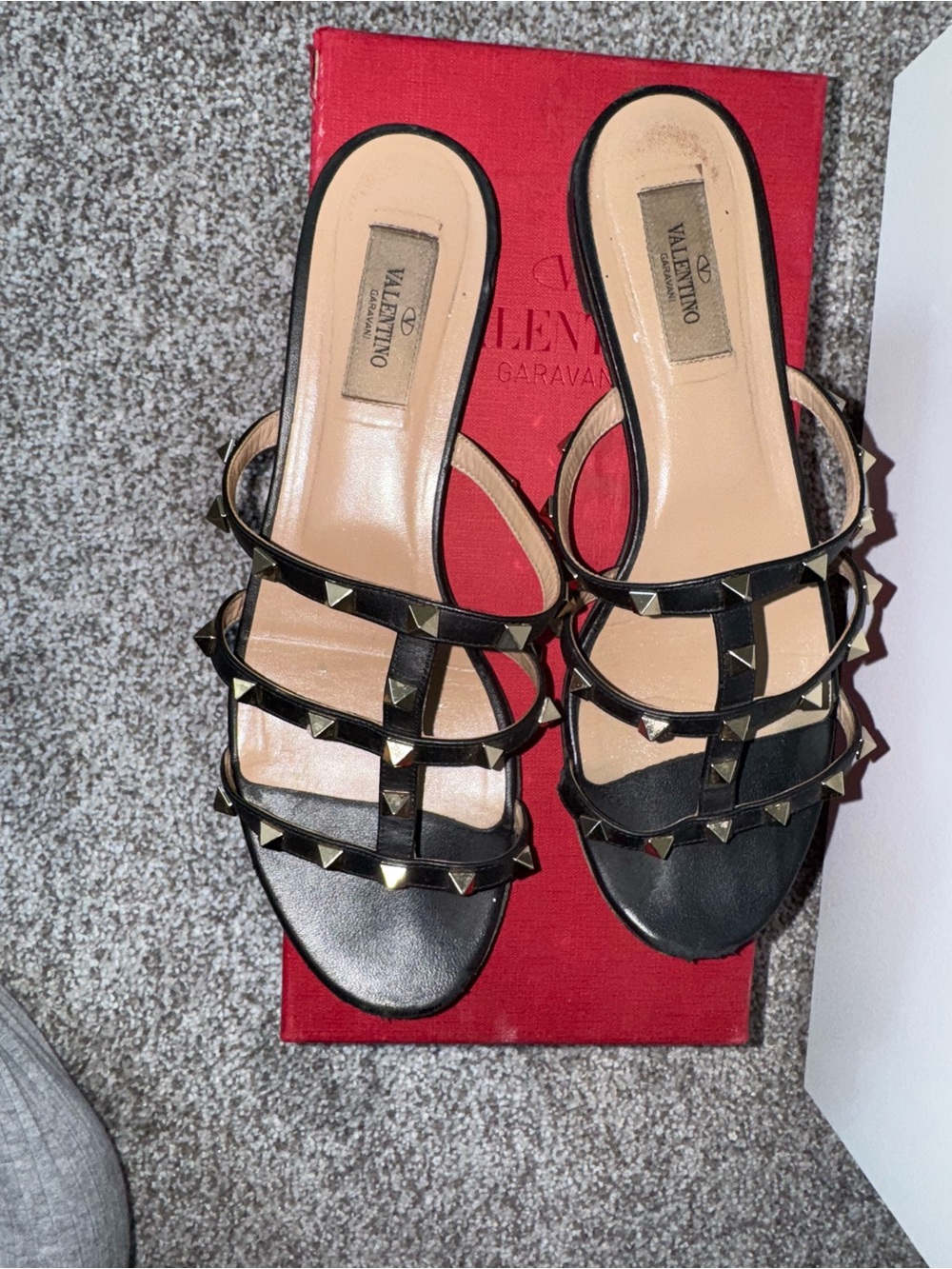 Valentino Black Leather Studded Strappy Sandals with Gold Accents